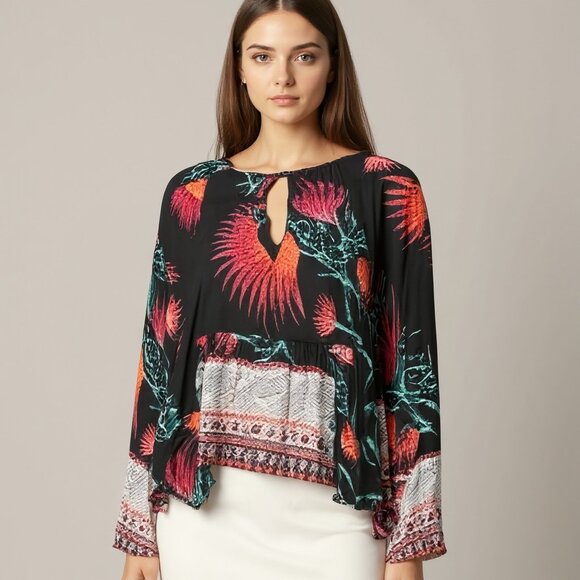FARM Rio Tops - Farm Rio Black Long Flare Sleeves Top Flowy Tropical Floral Blouse Size Medium